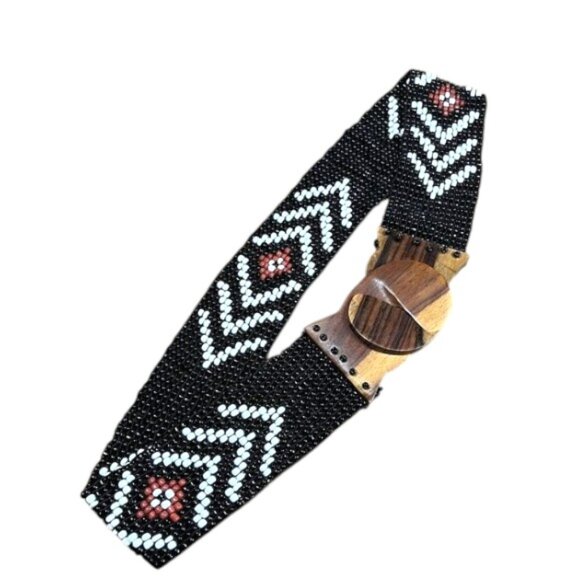 Vintage Hand Beaded Black White Elastic Stretch Belt Wood Detail Boho 31"-33" - Picture 1 of 8